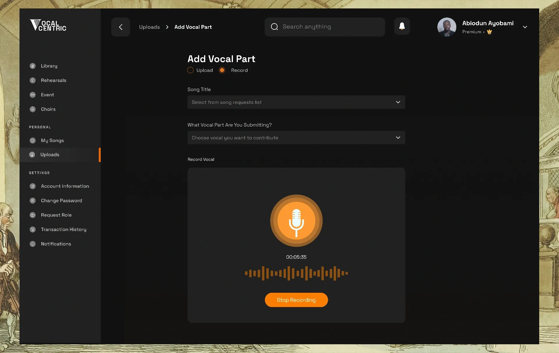 Add vocal part screen with a microphone button and live waveform
