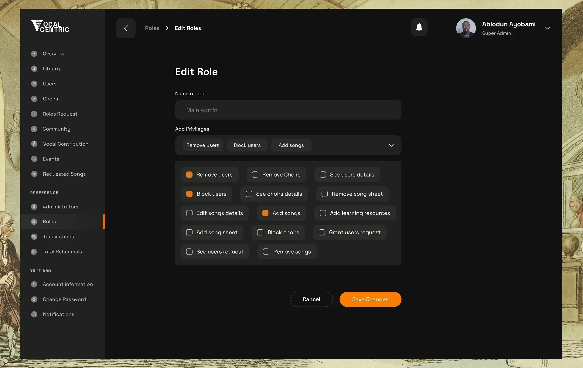 Admin edit role screen with privilege checkboxes