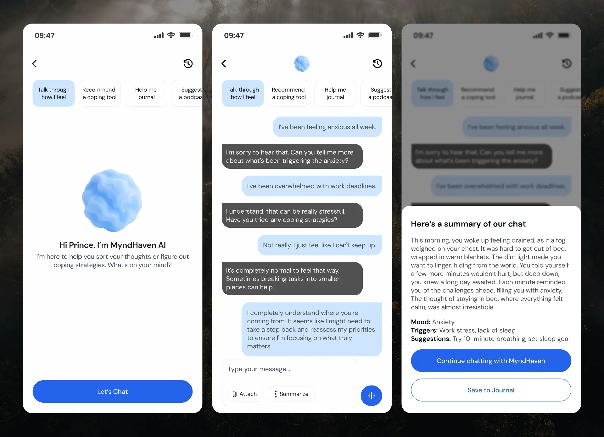 MyndHaven AI chat with quick prompts, a conversation, and a summary of the chat