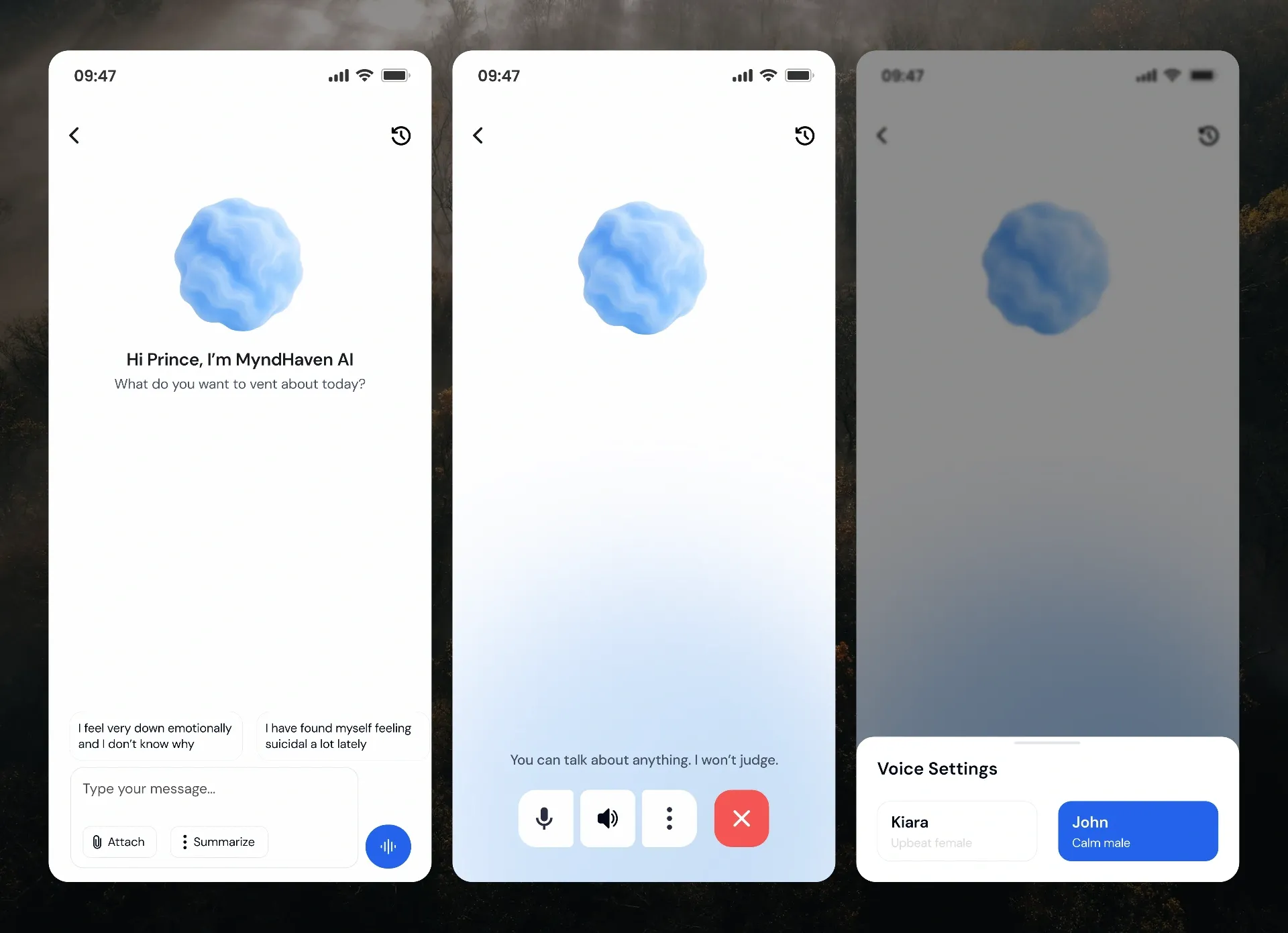 MyndHaven AI voice conversation screens with a soft blue orb