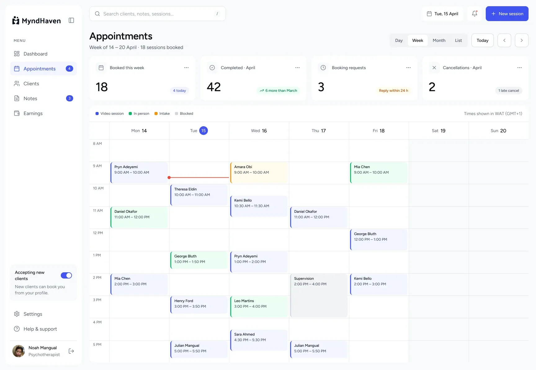 Week view calendar with video, in-person and intake sessions