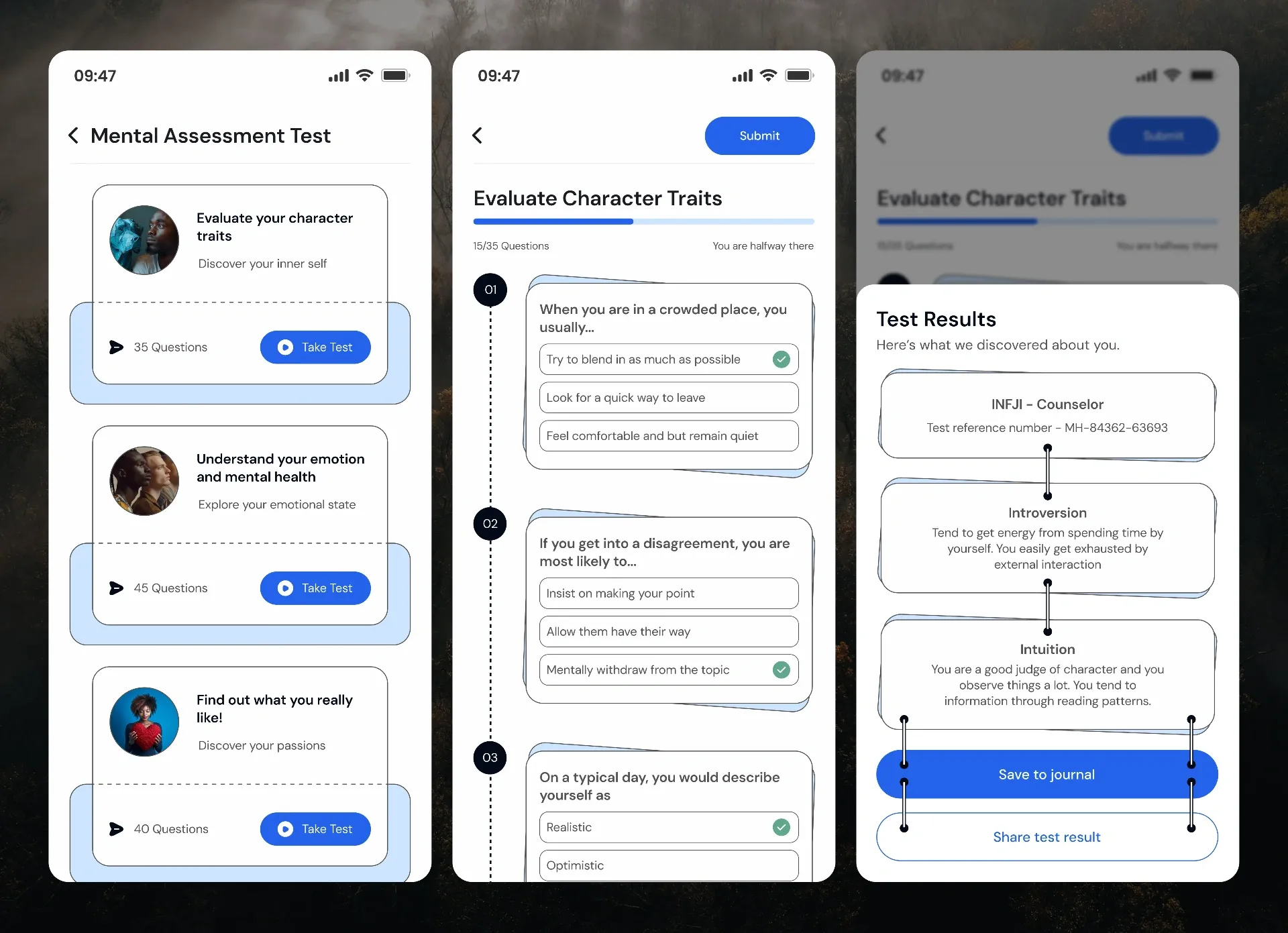 Mental assessment test screens: evaluate character traits, test questions and a personality-type result