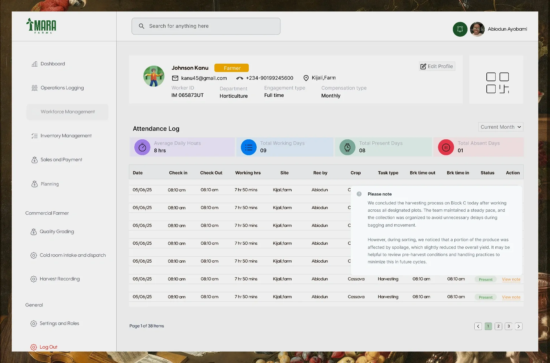 Worker profile with an attendance log of clock-in and clock-out times