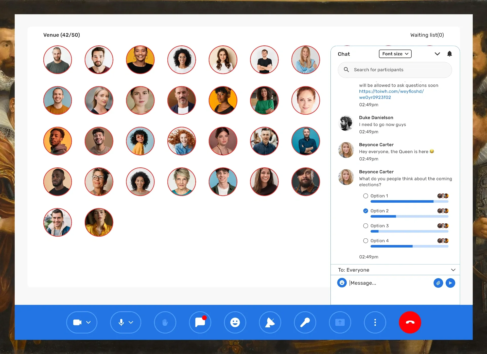 Chat panel with a live poll and messages from participants