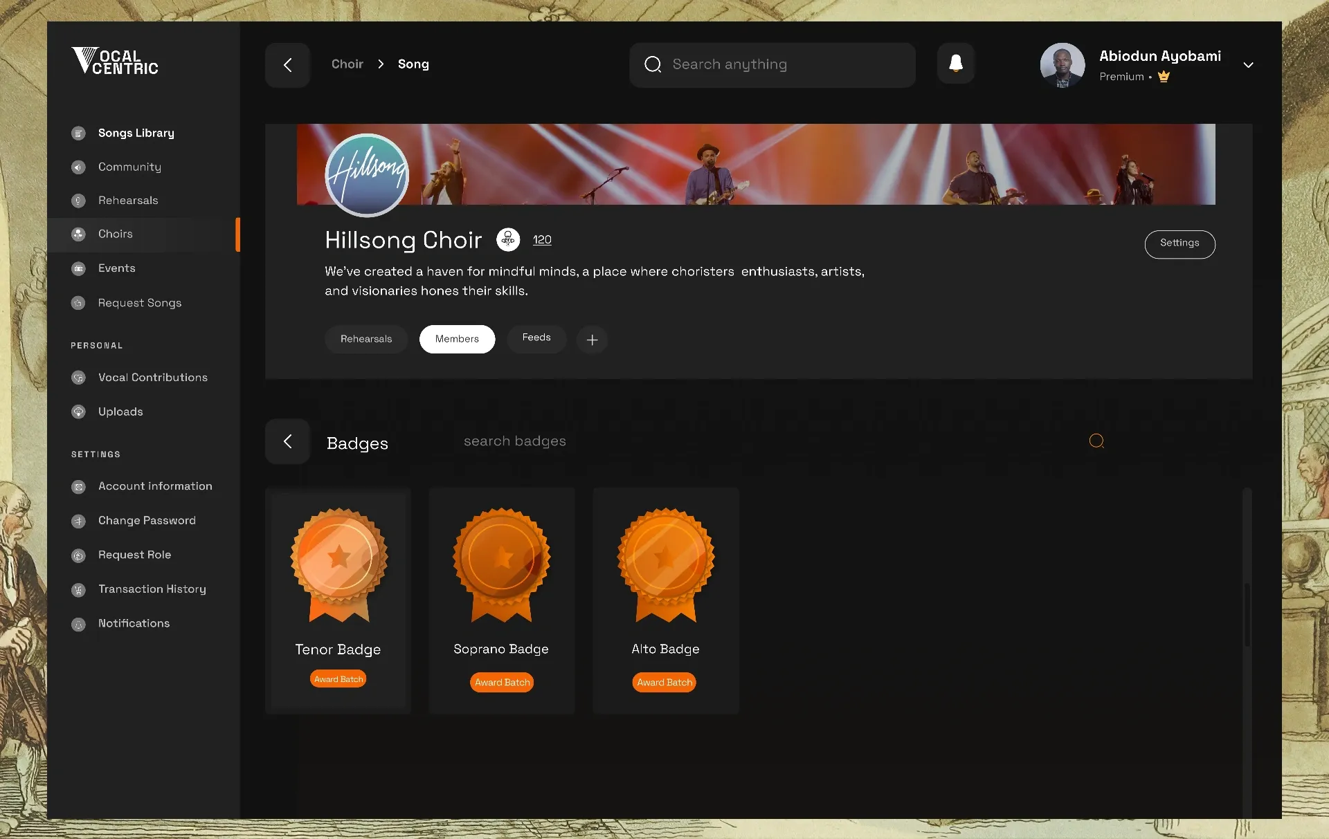 Hillsong Choir page with tenor, soprano and alto badges
