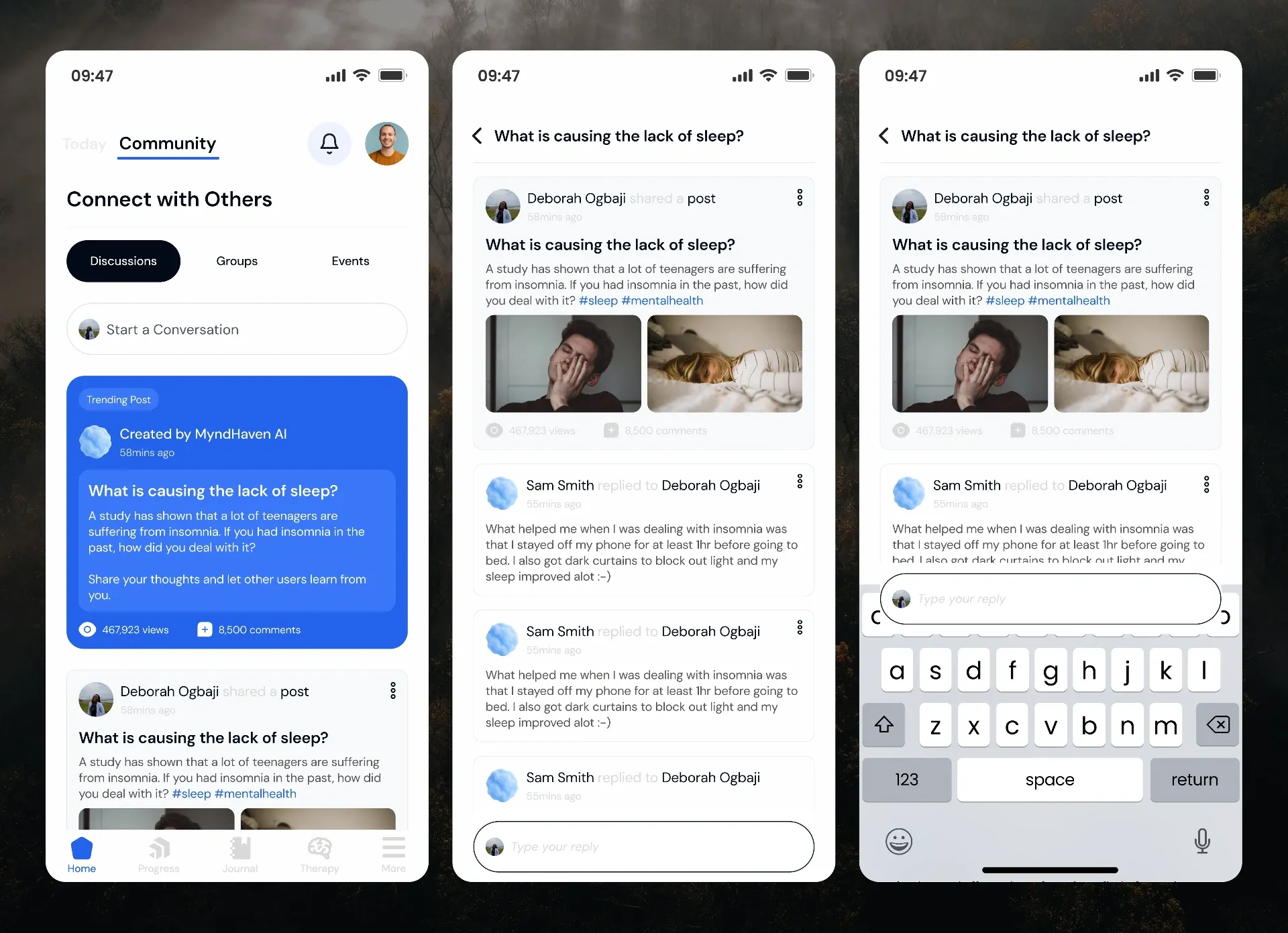 Moderated community forum with a discussion about sleep and replies