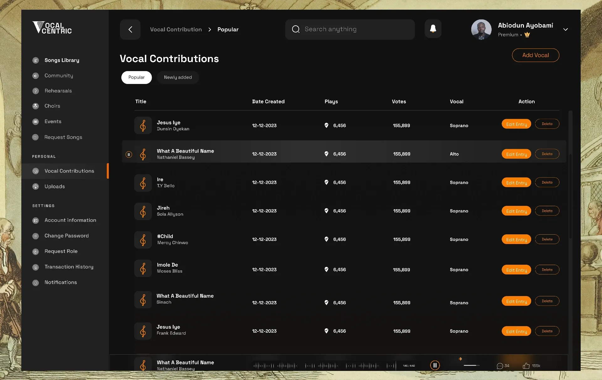 Vocal contributions table with plays, votes and vocal part