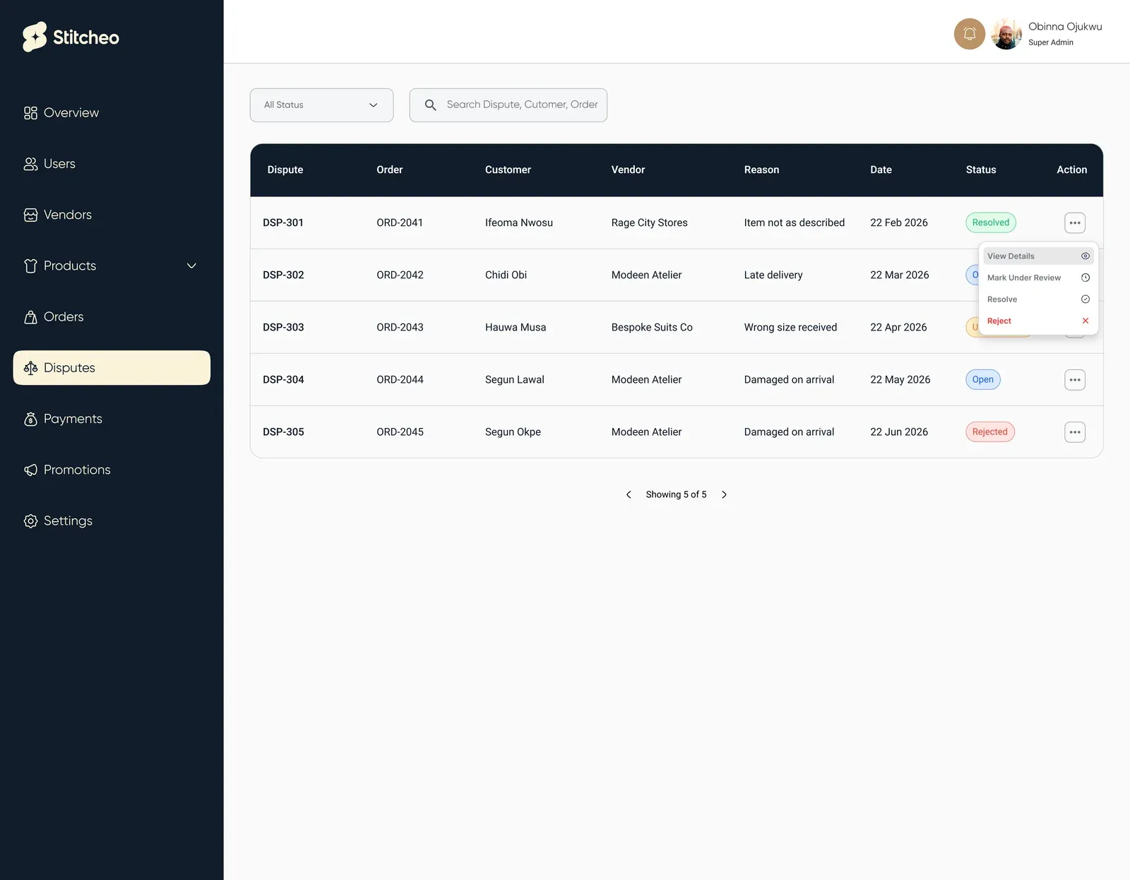Dispute table with order, customer, vendor, reason, date and status, and a menu to review, resolve or reject