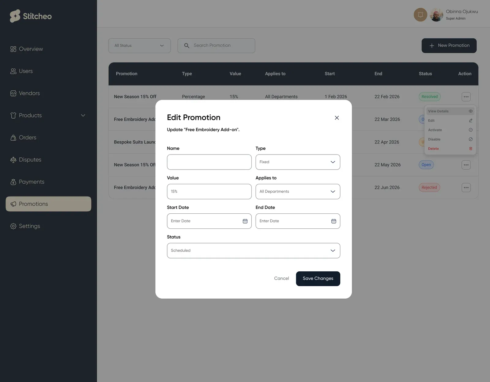 Edit promotion dialog with name, type, value, departments, start and end dates and status