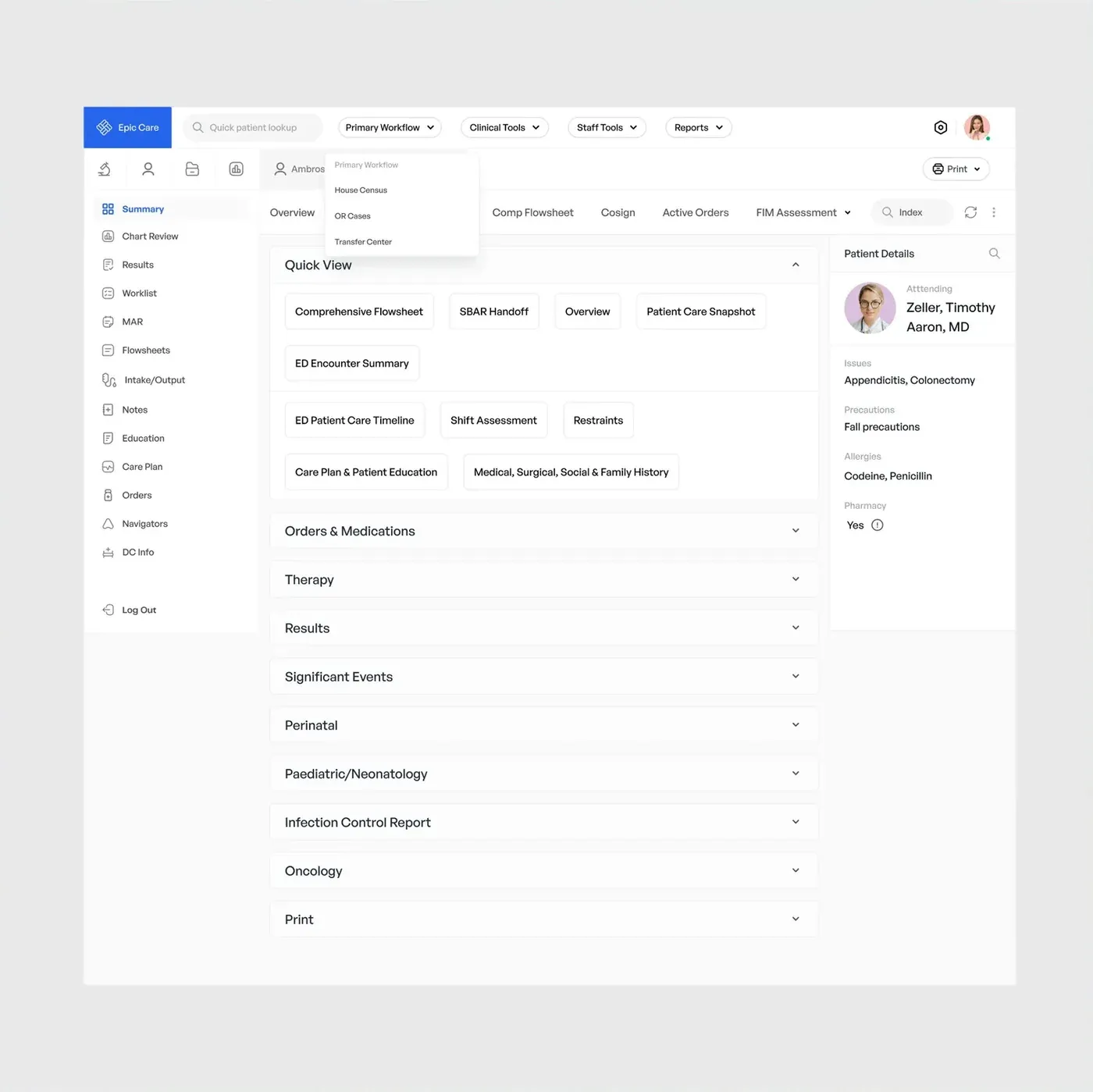 Epic Care: Clinical dashboard