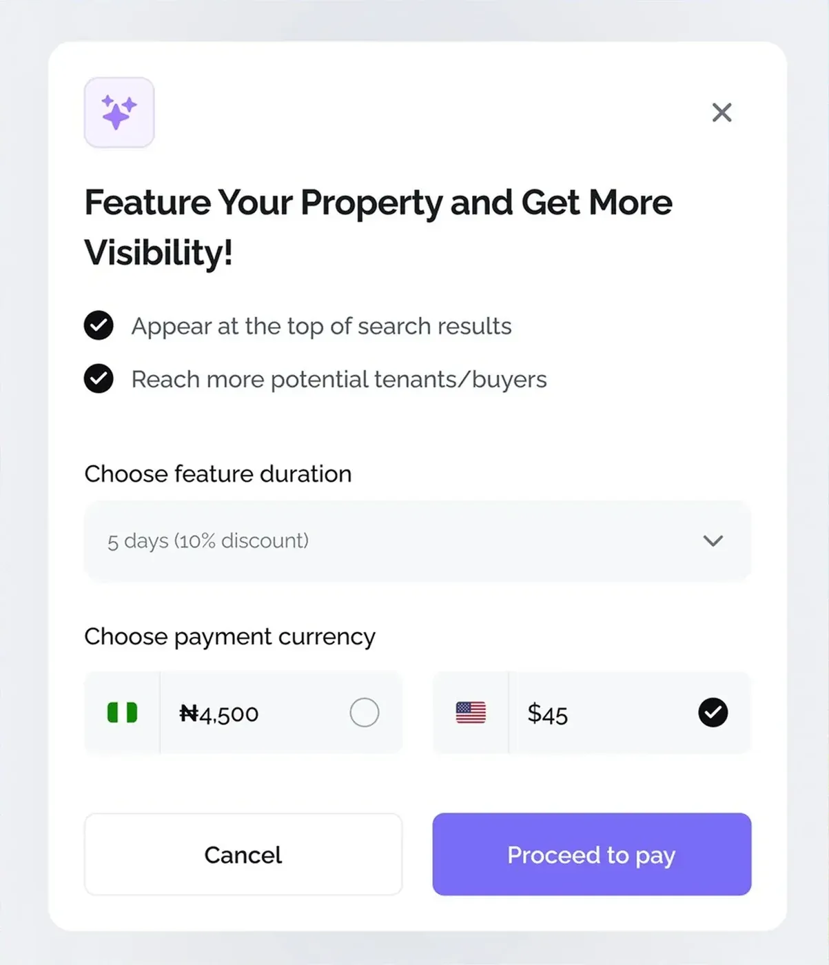Feature your property: Paid listing modal