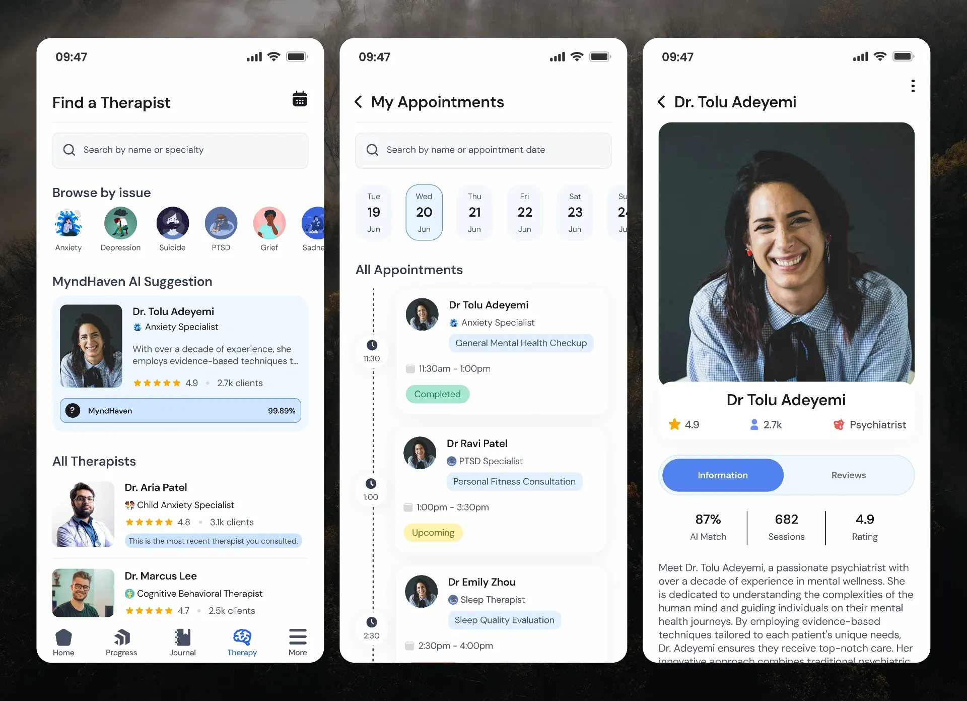 Find a therapist screen with issues to browse, an AI suggestion and appointments
