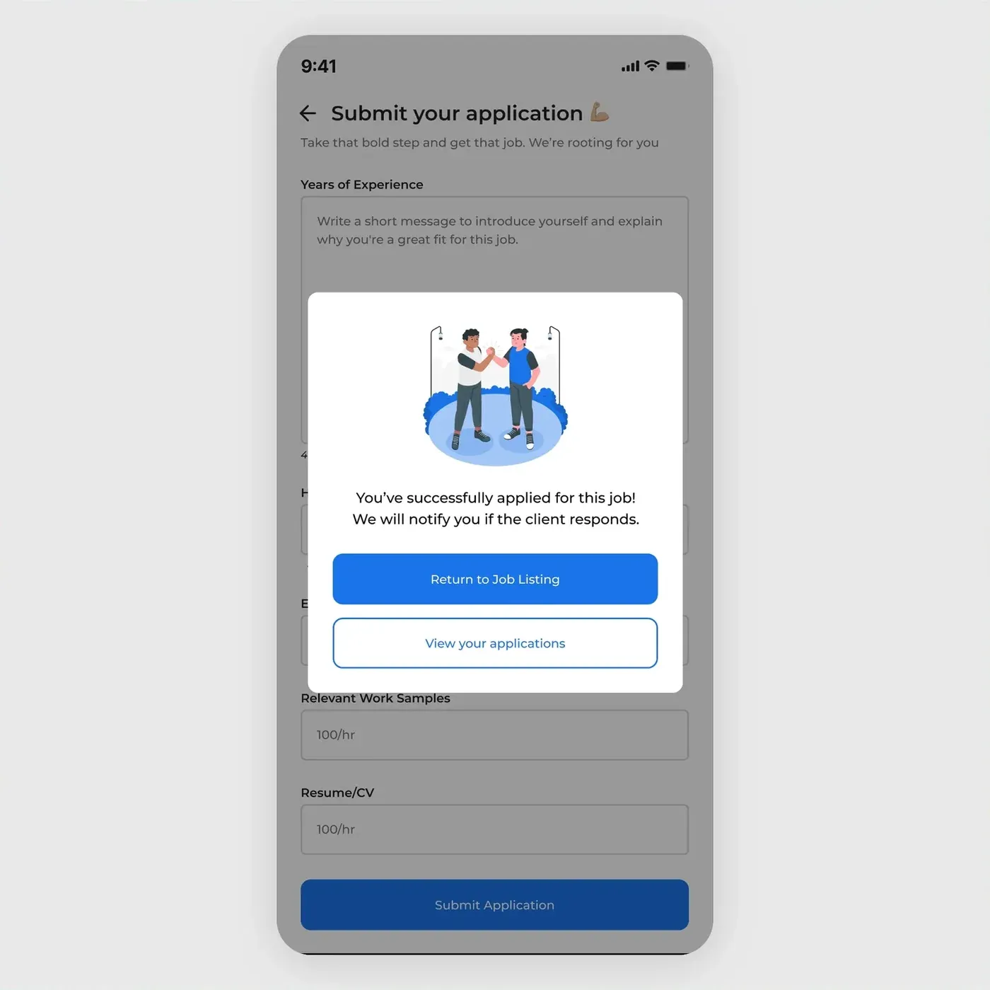Job application: Success modal