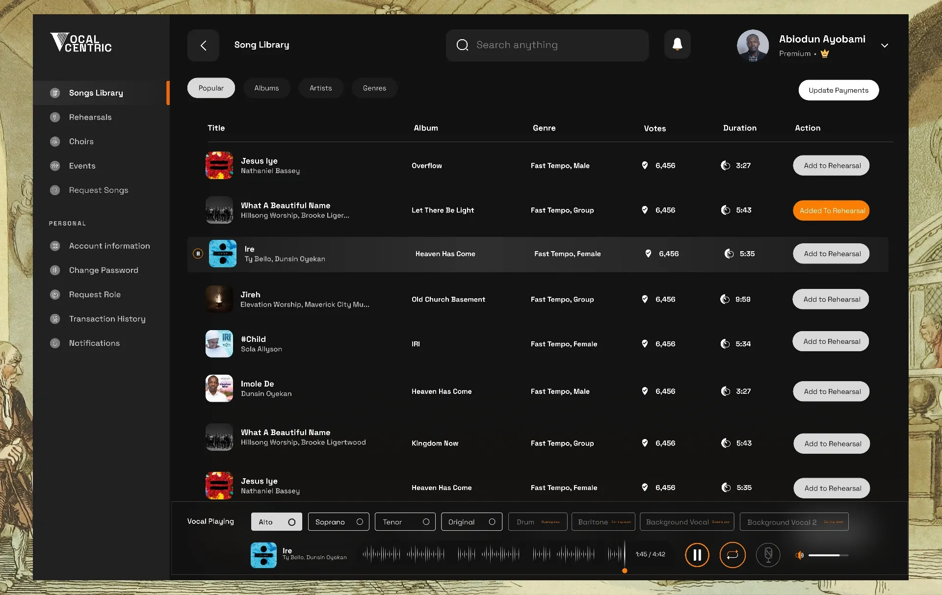 Songs library with votes, duration and add to rehearsal buttons, and a vocal part player