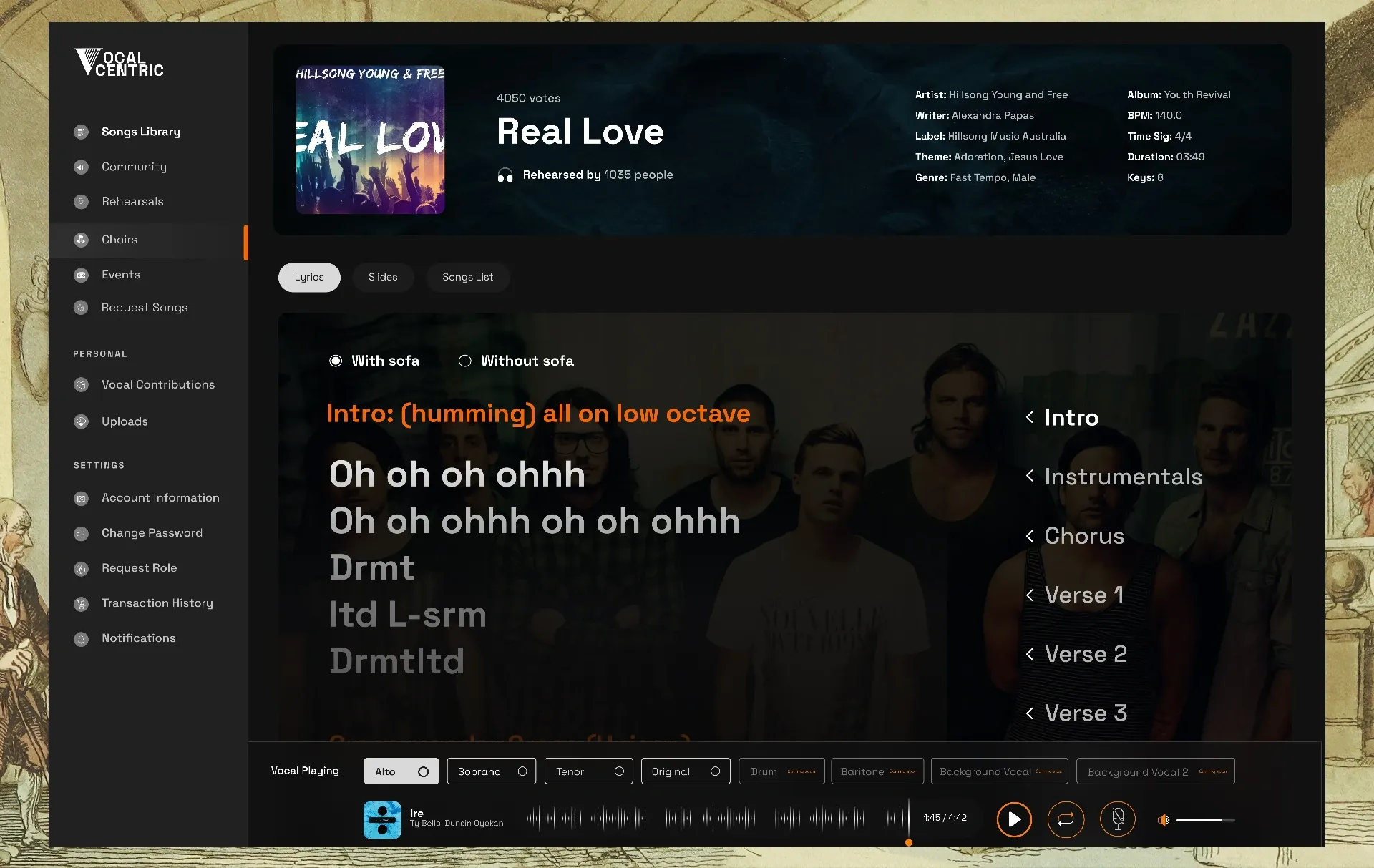 Lyrics view for Real Love with intro, chorus and verse sections
