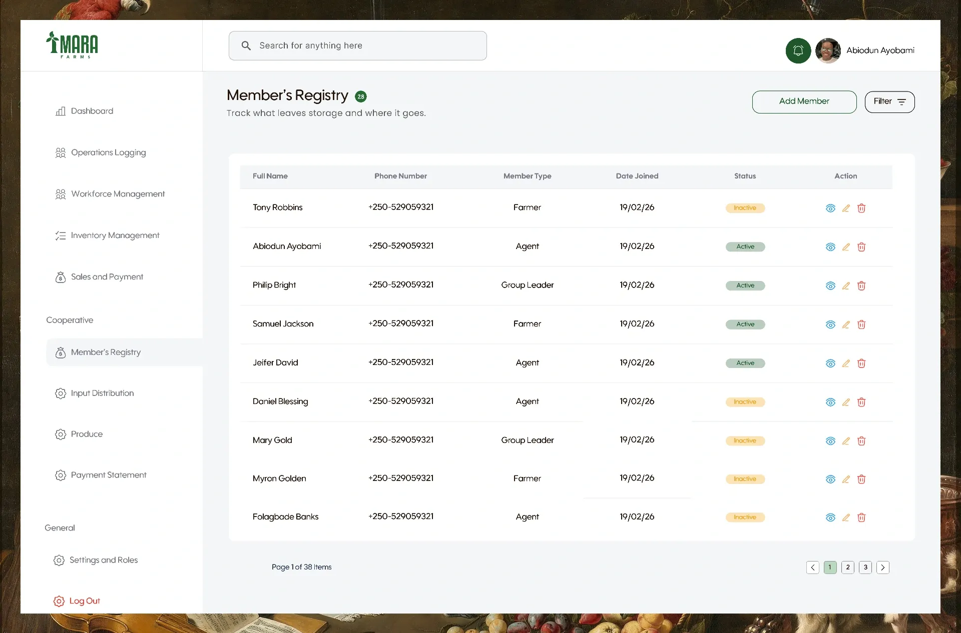Members registry listing smallholder farmers, roles and status