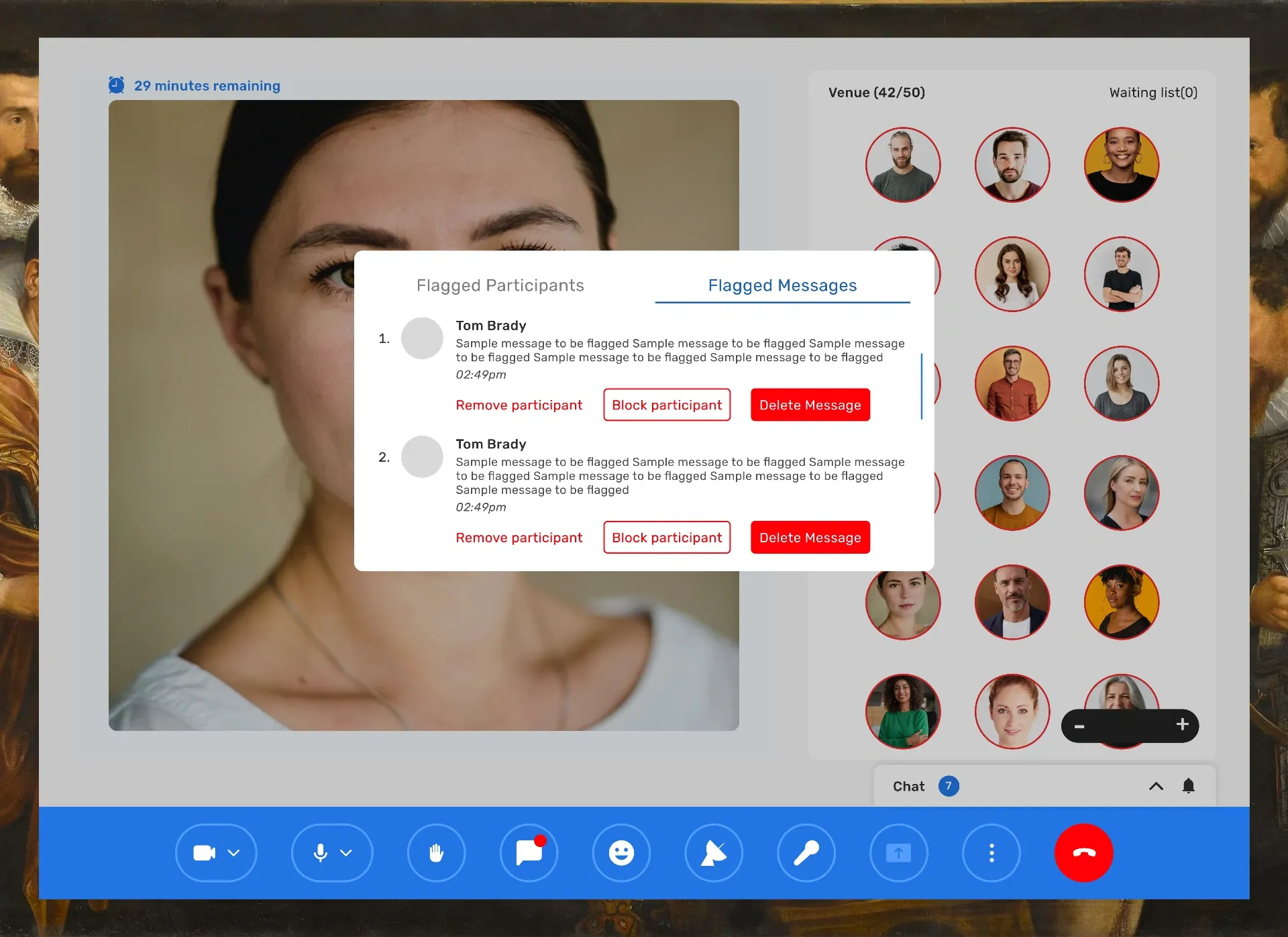 Flagged messages panel with remove participant and delete message actions