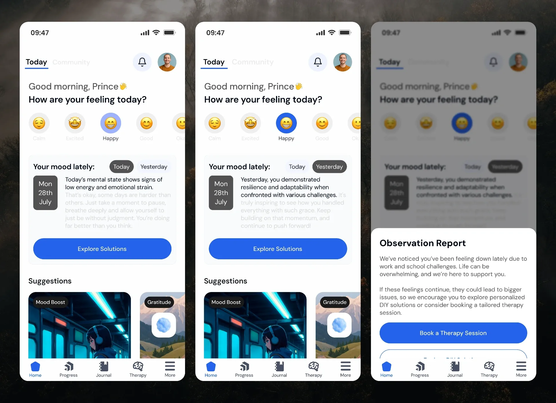 Home screen with an observation report suggesting a therapy session
