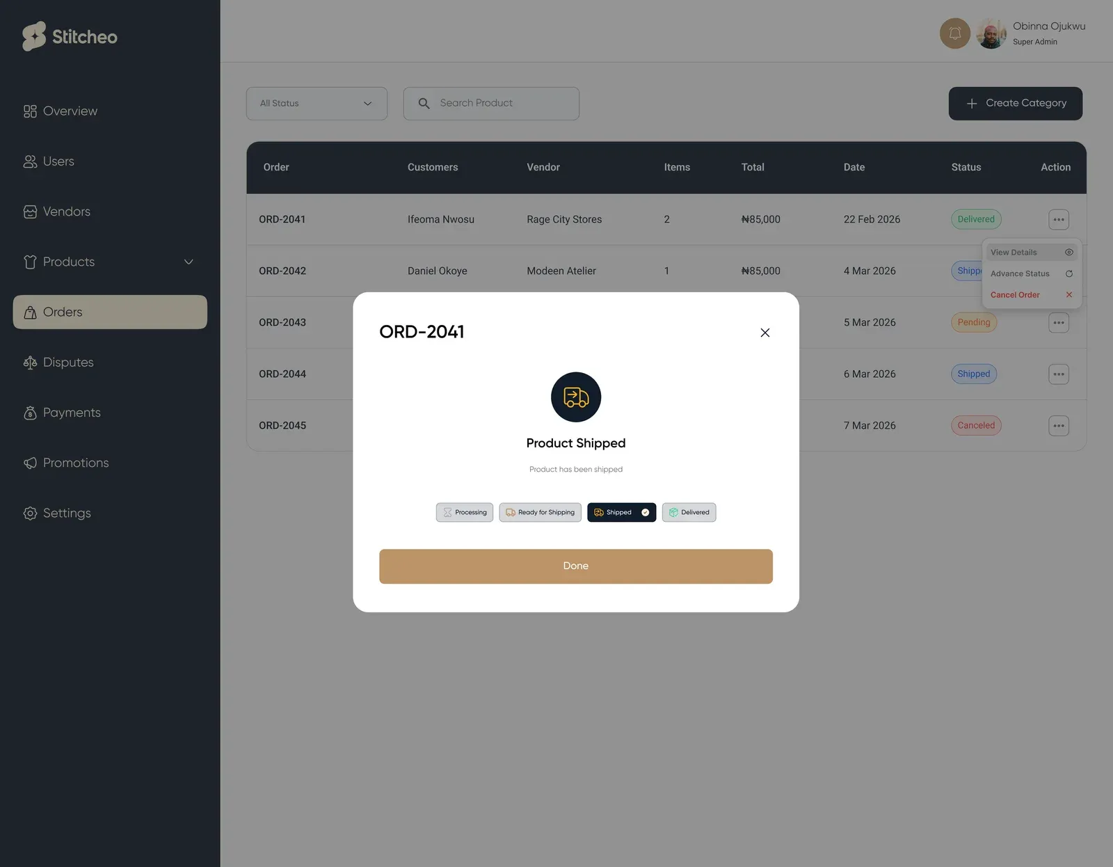 Order ORD-2041 dialog showing the product shipped, with steps from processing to delivered