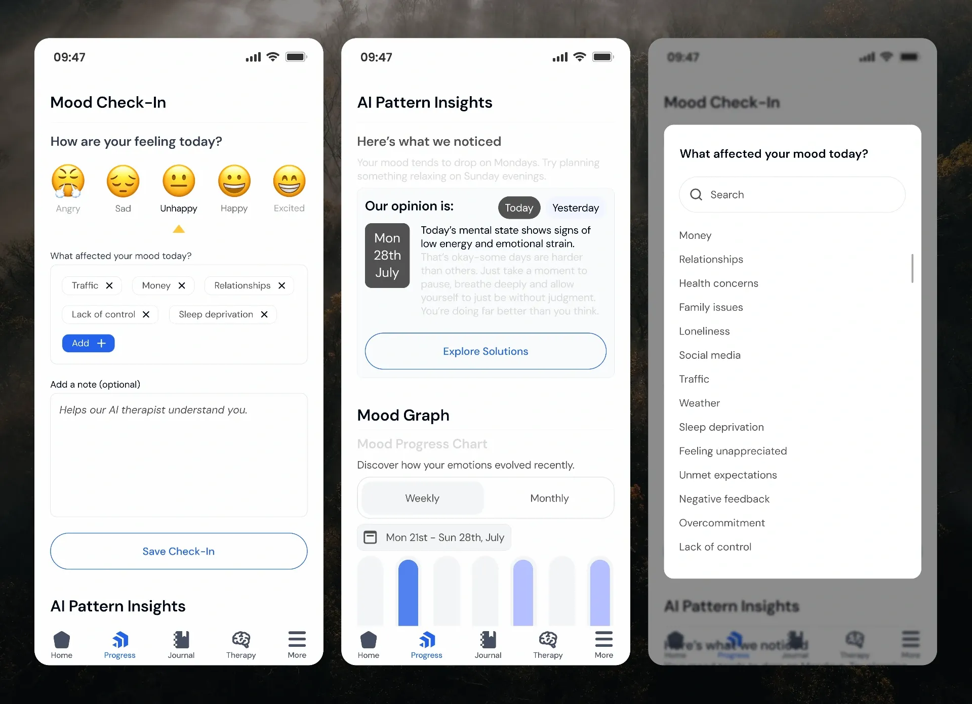 Mood check-in, AI pattern insights and a weekly mood graph
