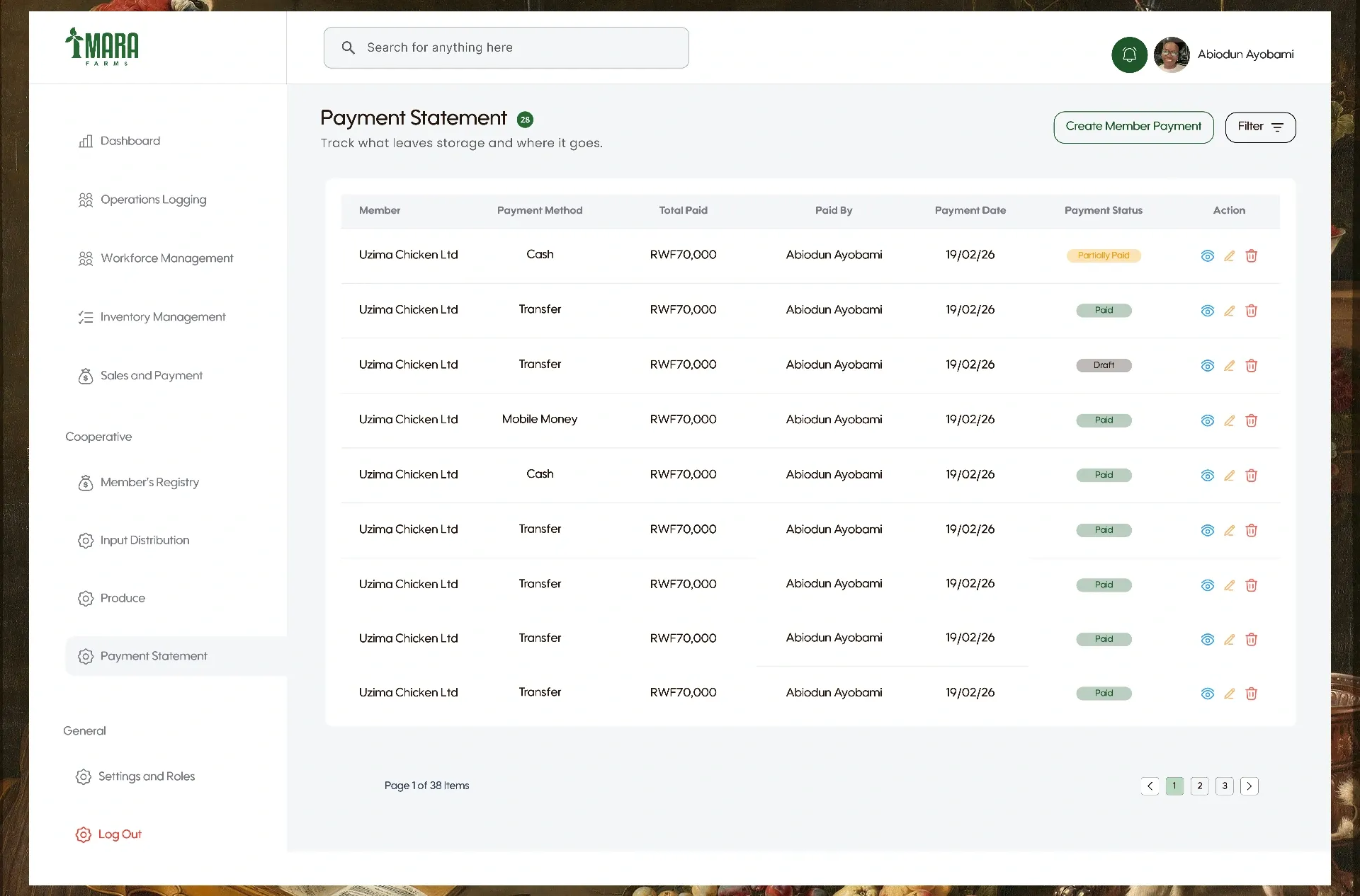 Payment statement table with methods, amounts and paid status