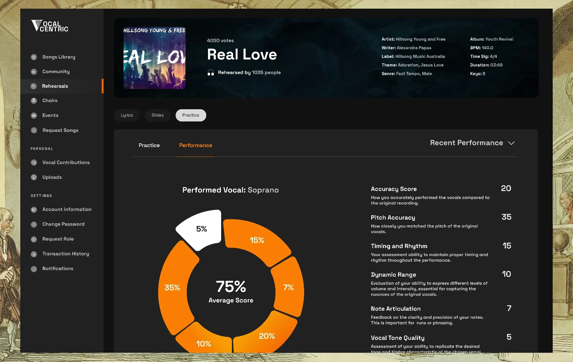 Performance donut chart with a 75% average score and accuracy, pitch and timing breakdown
