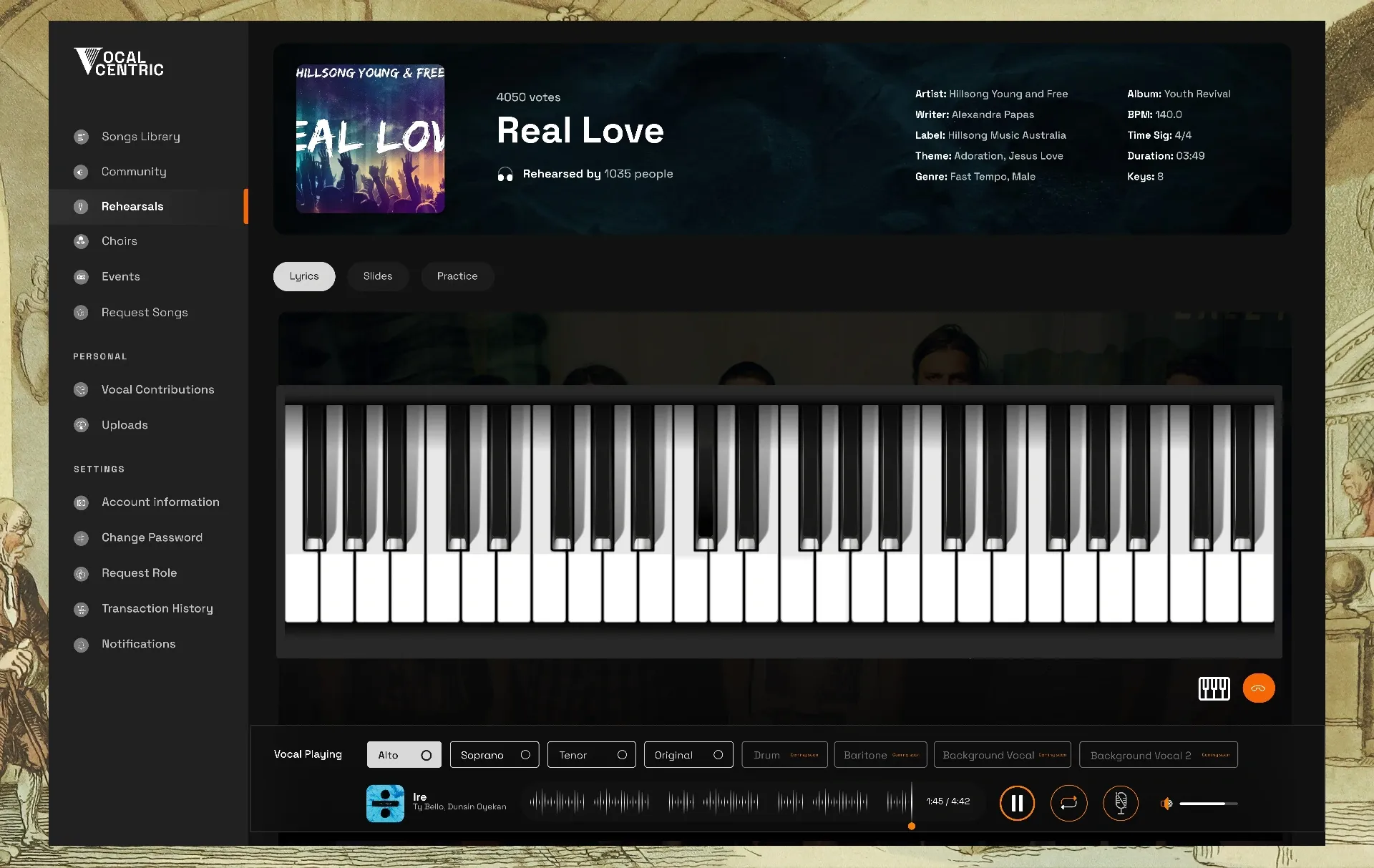 On-screen piano keyboard under the song Real Love
