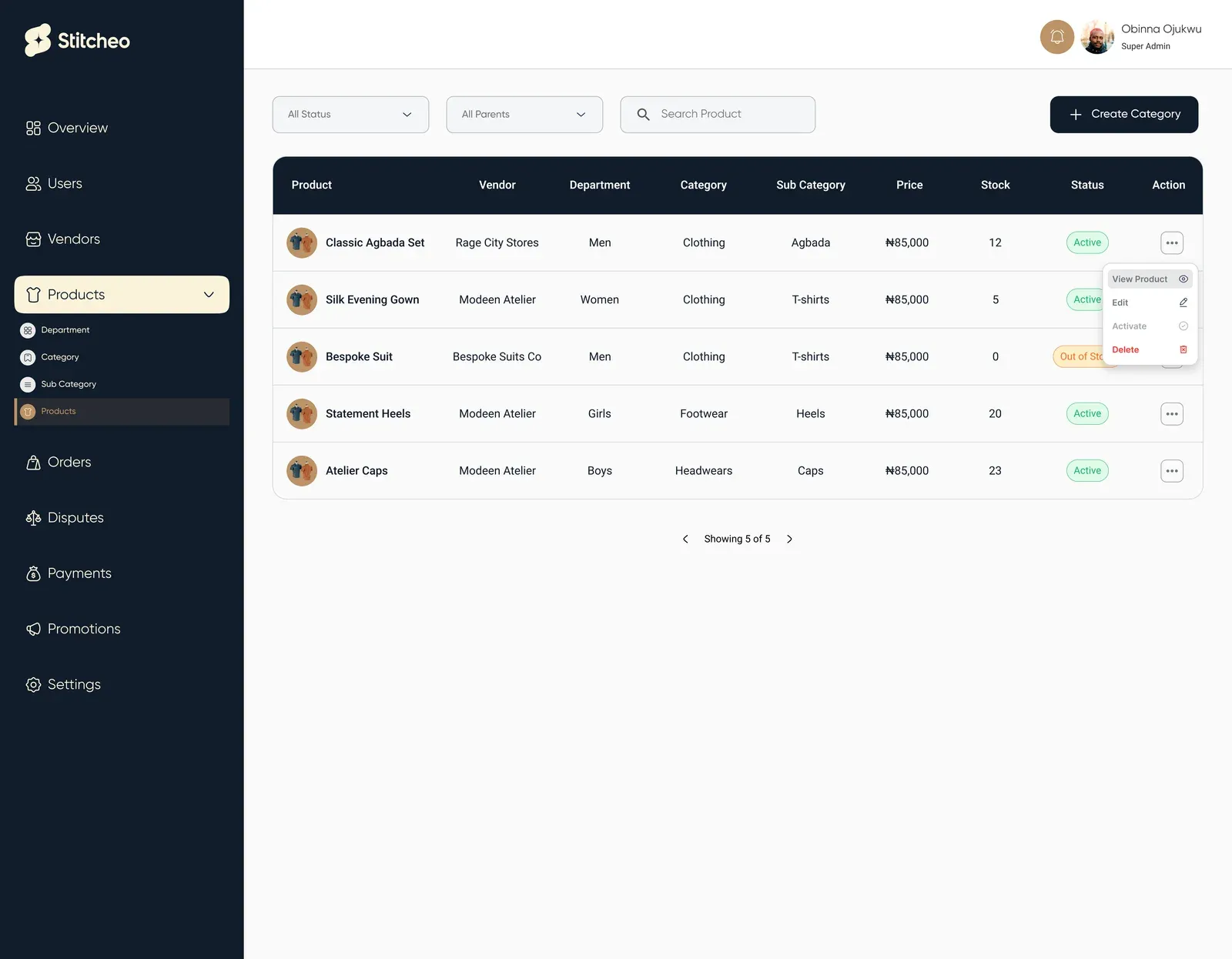 Product table with vendor, department, category, price, stock and status