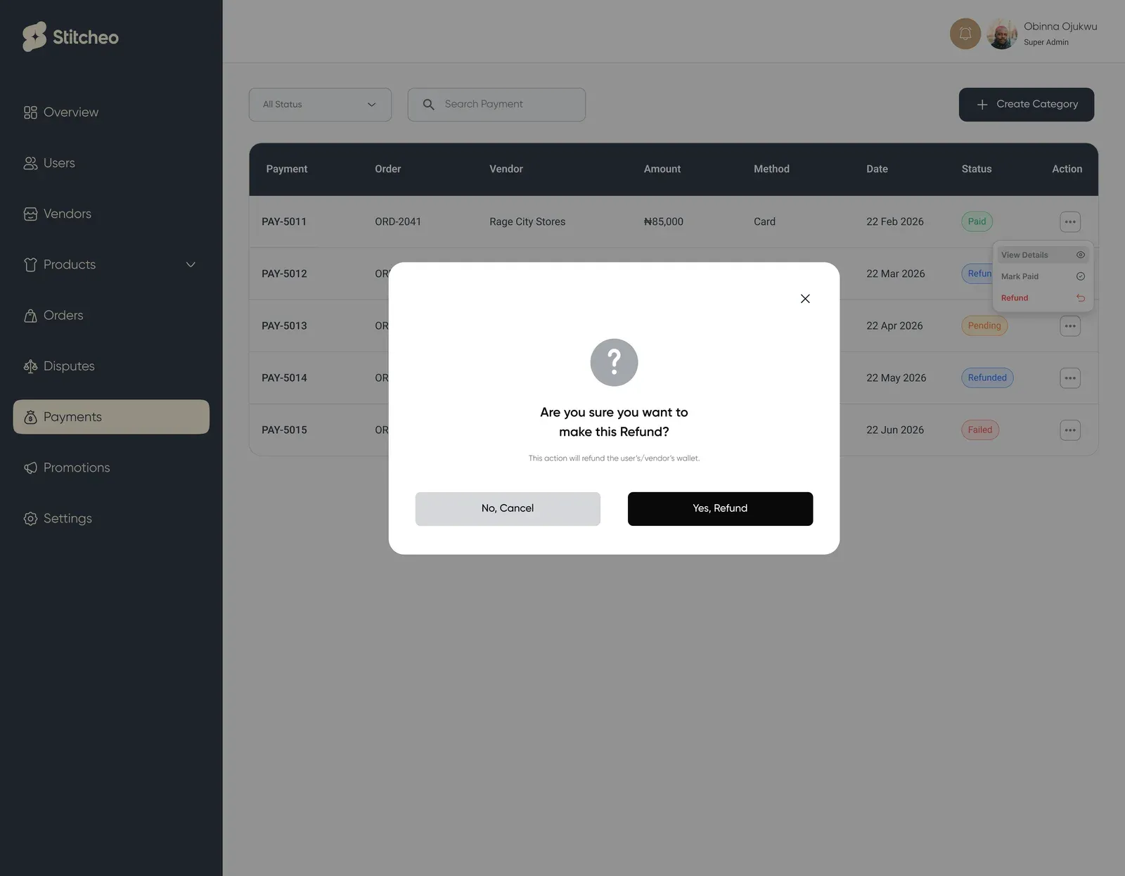 Payments table behind a dialog asking to confirm a refund