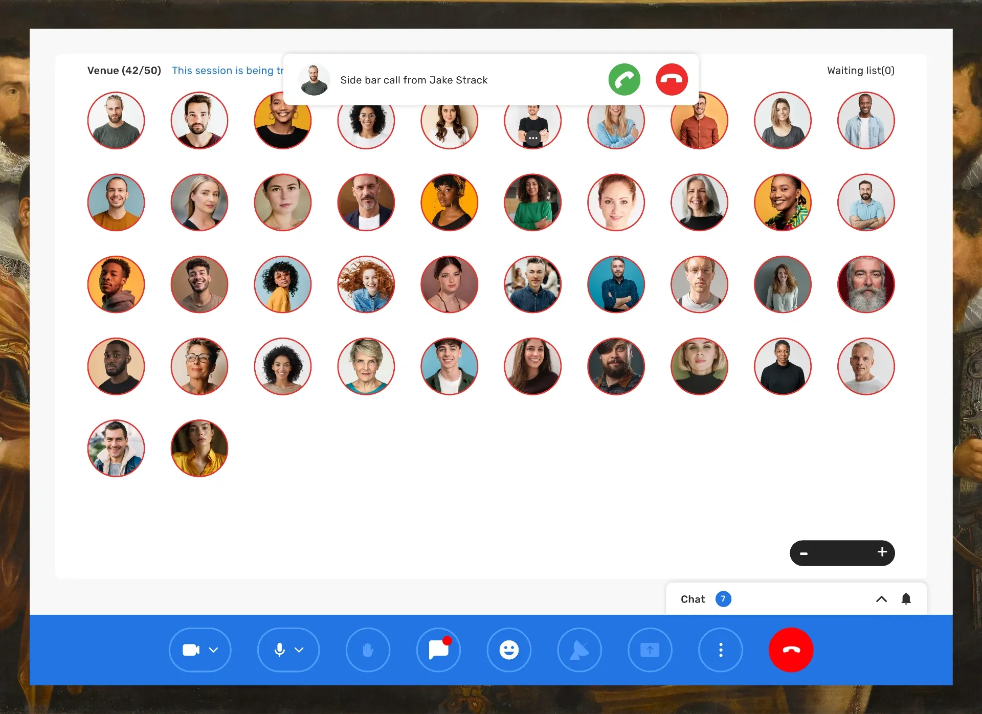 Venue with an incoming sidebar call banner and accept and decline buttons