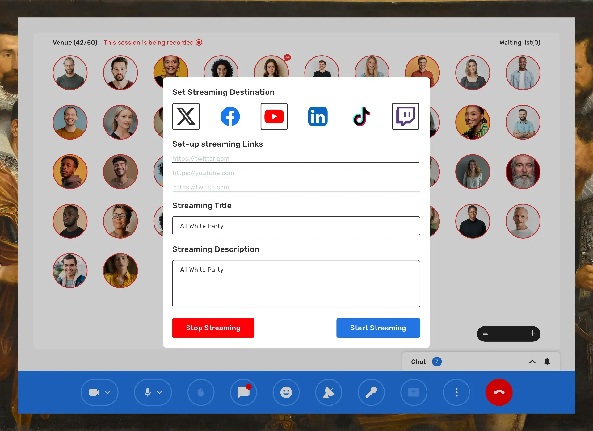 Set streaming destination dialog with X, Facebook, YouTube, LinkedIn, TikTok and Twitch