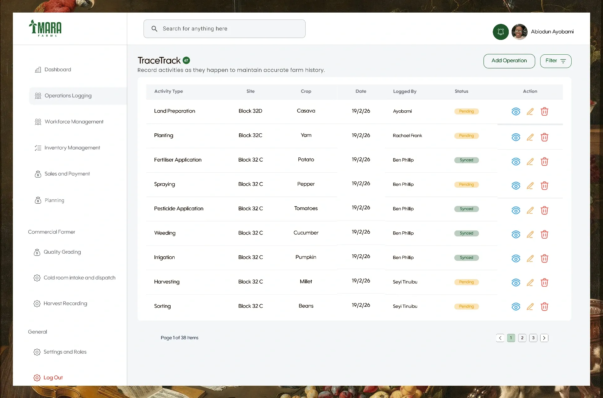 TraceTrack operations log listing land preparation, planting and spraying with block, crop and status