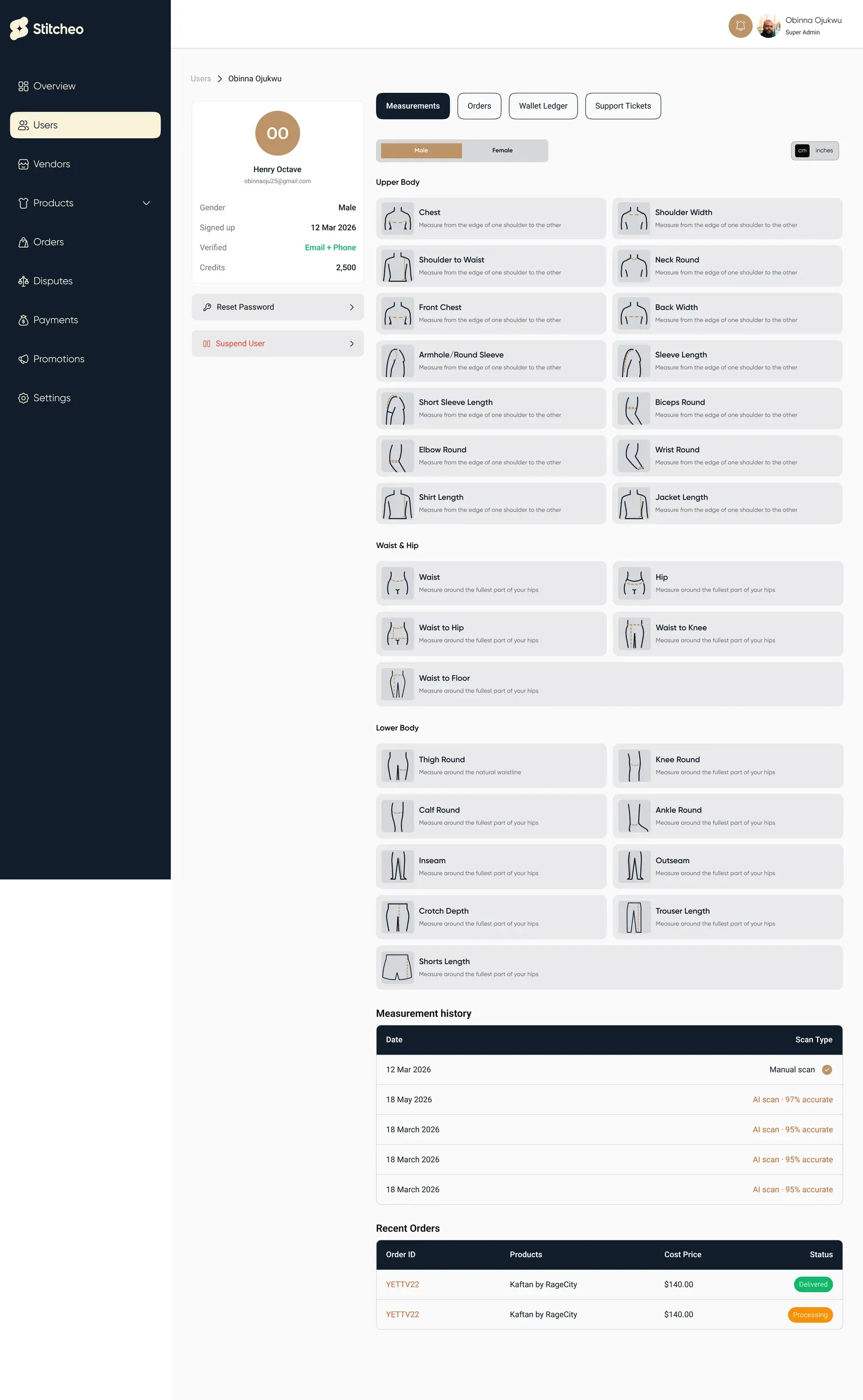 Customer profile with upper body, lower body and full body measurements and measurement history