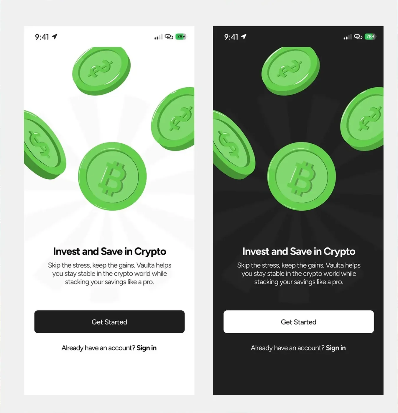 Vaulta: Crypto onboarding, light and dark