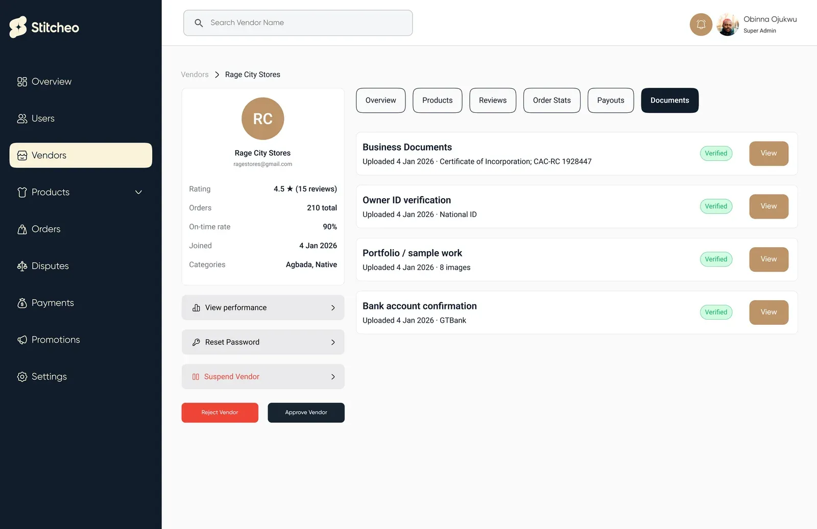 Rage City Stores profile with verified business documents, owner ID, portfolio and bank confirmation, and approve or reject buttons
