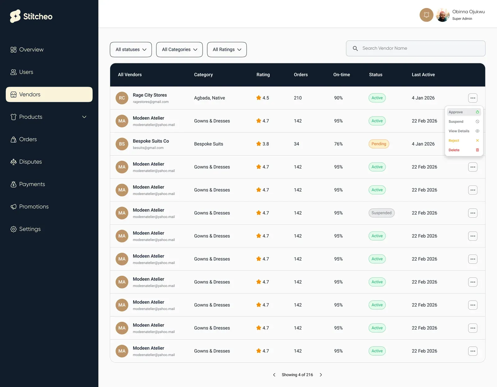 Vendor table with rating, orders, on-time rate and status, and an action menu to approve, suspend, view, reject or delete