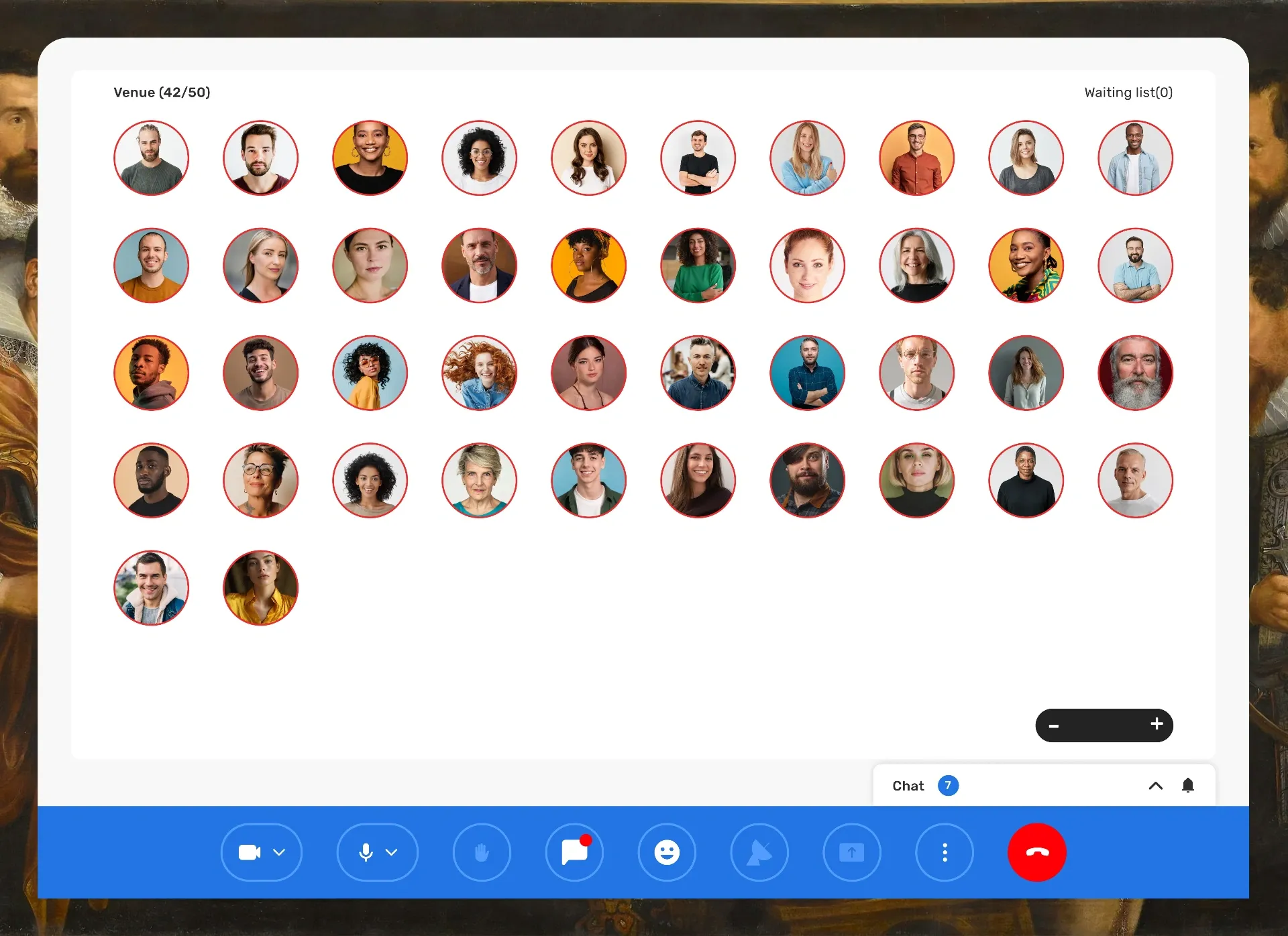 Miingl venue view with 42 participant avatars in a grid