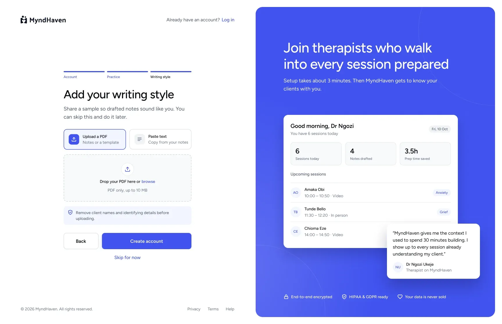 Sign-up step for uploading a sample note so drafted notes match the therapist